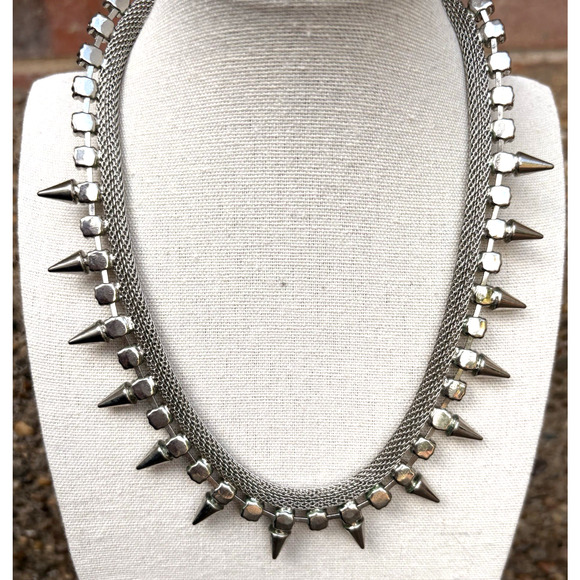Graziano Silver Tone Mesh w/ Clear Rhinestone & Spikes Necklace Goth Biker Edgy - Picture 6 of 12